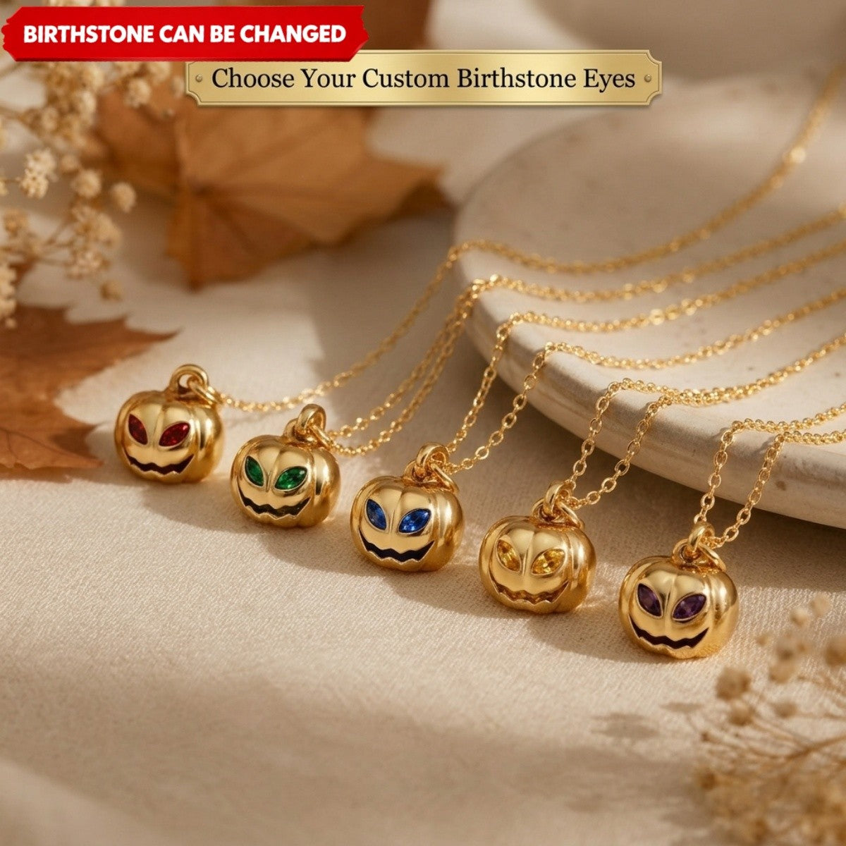 Personalized Pumpkin Birthstone Necklace – Gold Plated Halloween Jewelry Gift for Women Mom