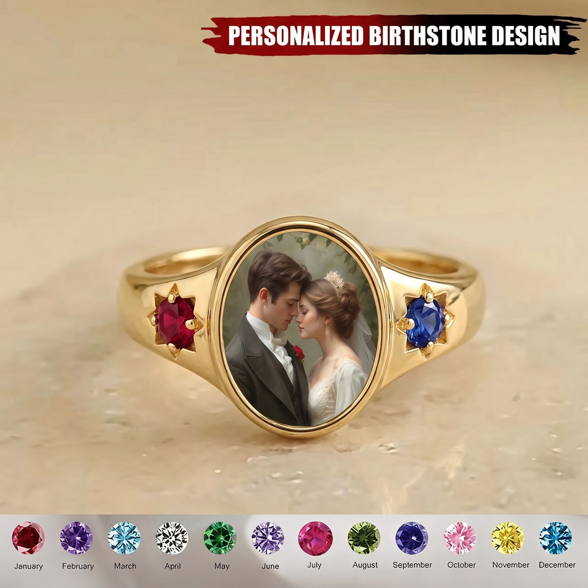 Custom Photo Ring With Birthstones Gift For Her - Personalized Rings