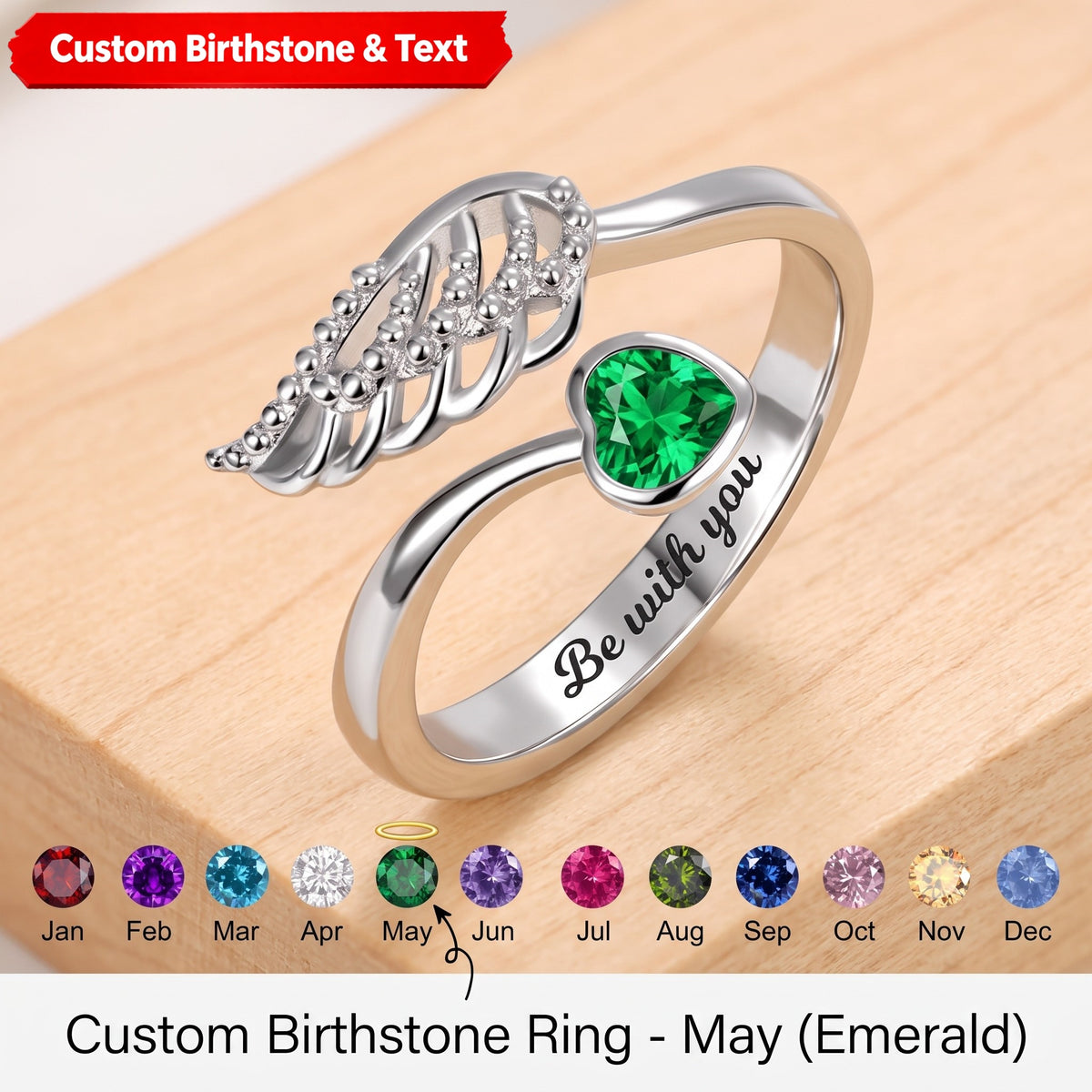 Angel Wing Ring Feather Heart Memorial Personalized Birthstone Engrave Ring Sterling Silver Jewelry Gift for Women