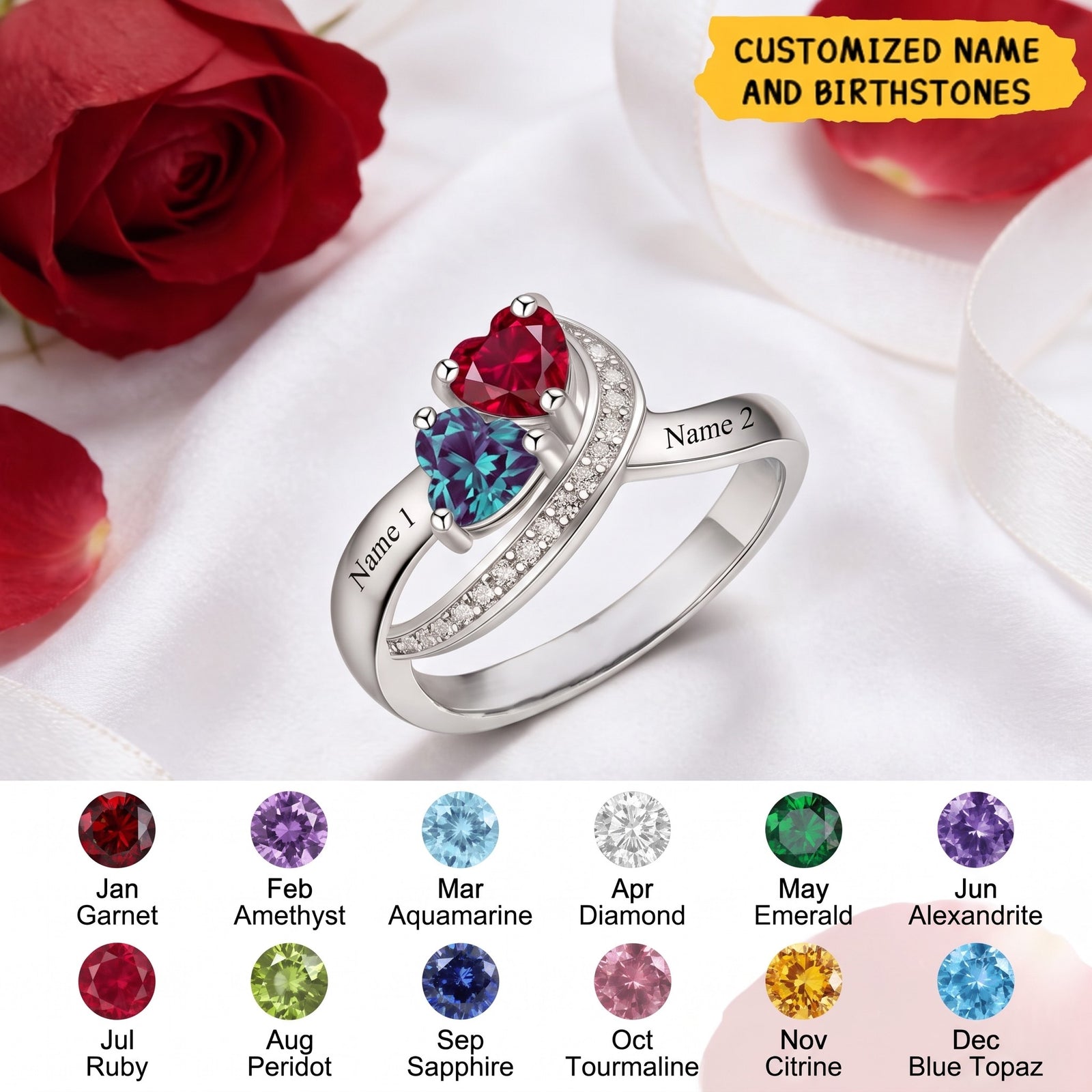 Personalized Promise Heart Cut Birthstone Ring, Two Name Engraved Jewelry Partner Romance Gift for Her