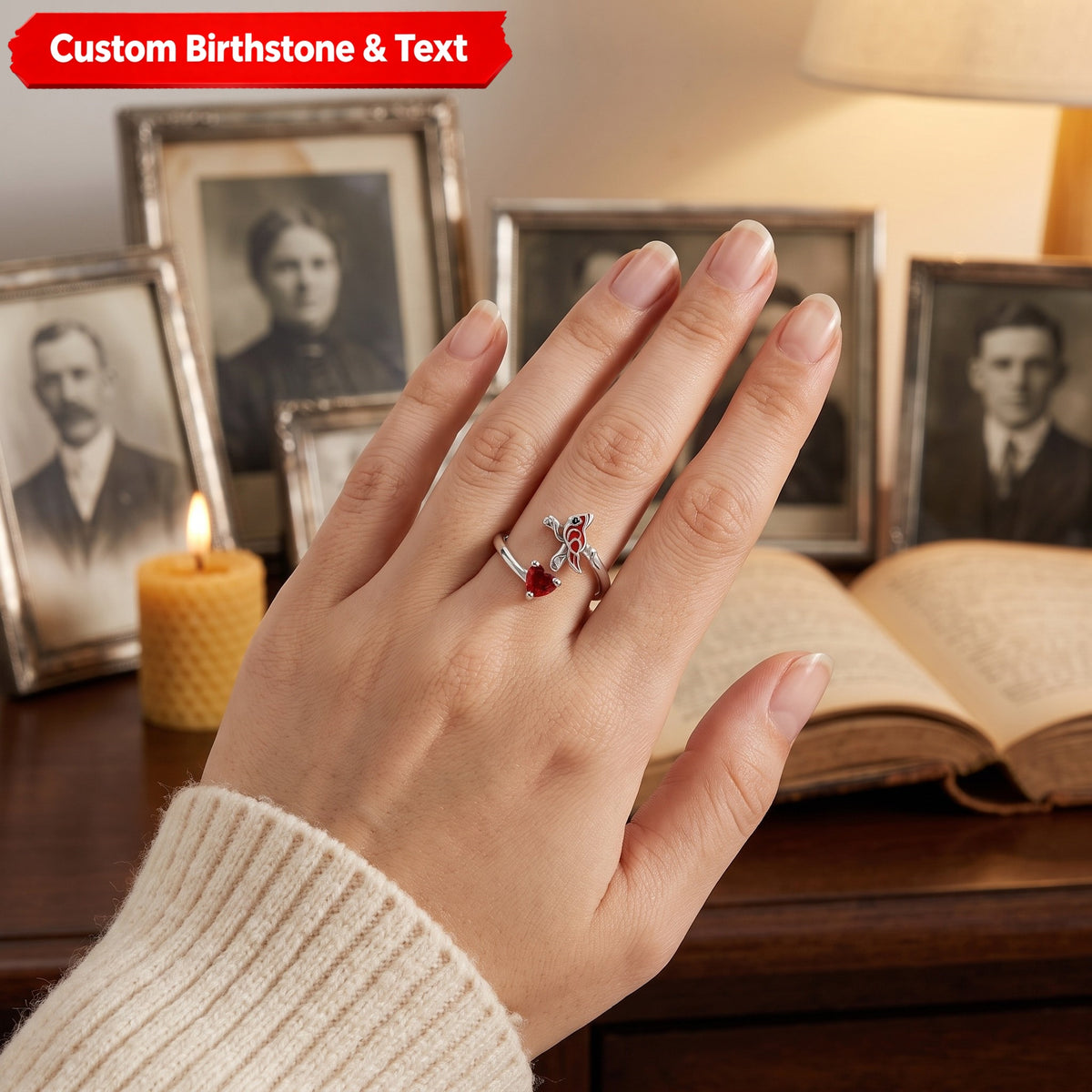 Cardinal On Cross Heart Birthstone Memorial Personalized Ring Rememberance Gift