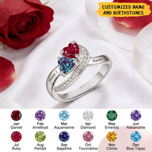 Personalized Promise Heart Cut Birthstone Ring, Two Name Engraved Jewelry Partner Romance Gift for Her