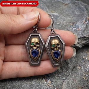 Personalized Birthstone Coffin Skull Dangle Earrings – Vintage Gothic Antique Brass Jewelry