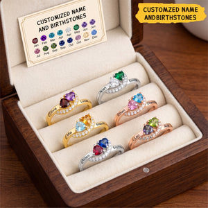 Personalized Promise Heart Cut Birthstone Ring, Two Name Engraved Jewelry Partner Romance Gift for Her
