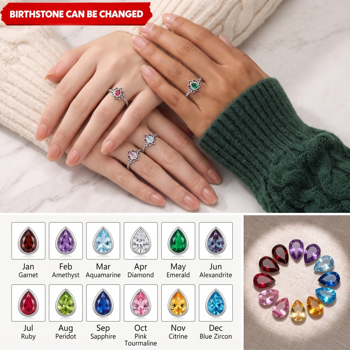12 Months Personalized Birthstone Lotus Flower Ring - Gift For Her Women