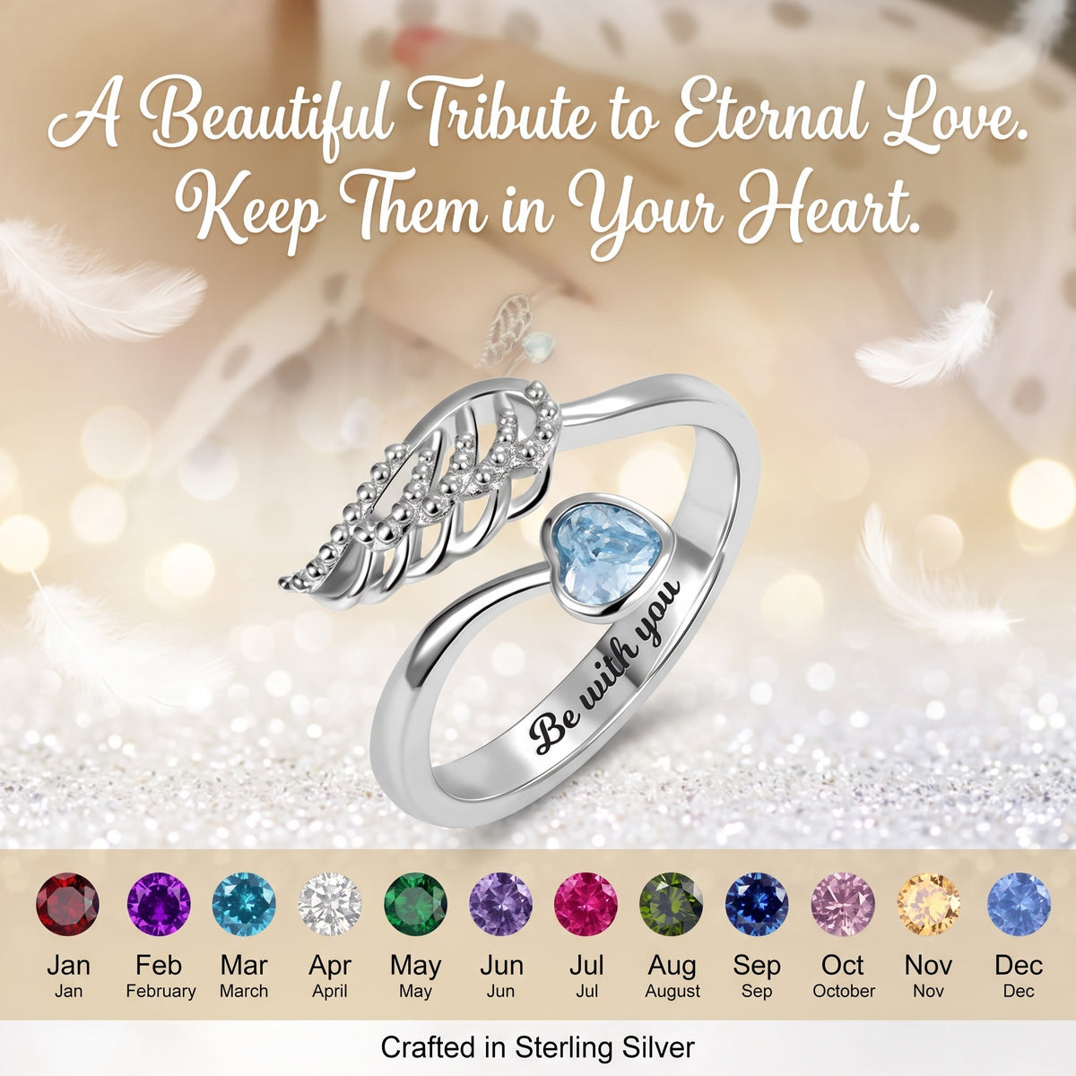 Angel Wing Ring Feather Heart Memorial Personalized Birthstone Engrave Ring Sterling Silver Jewelry Gift for Women