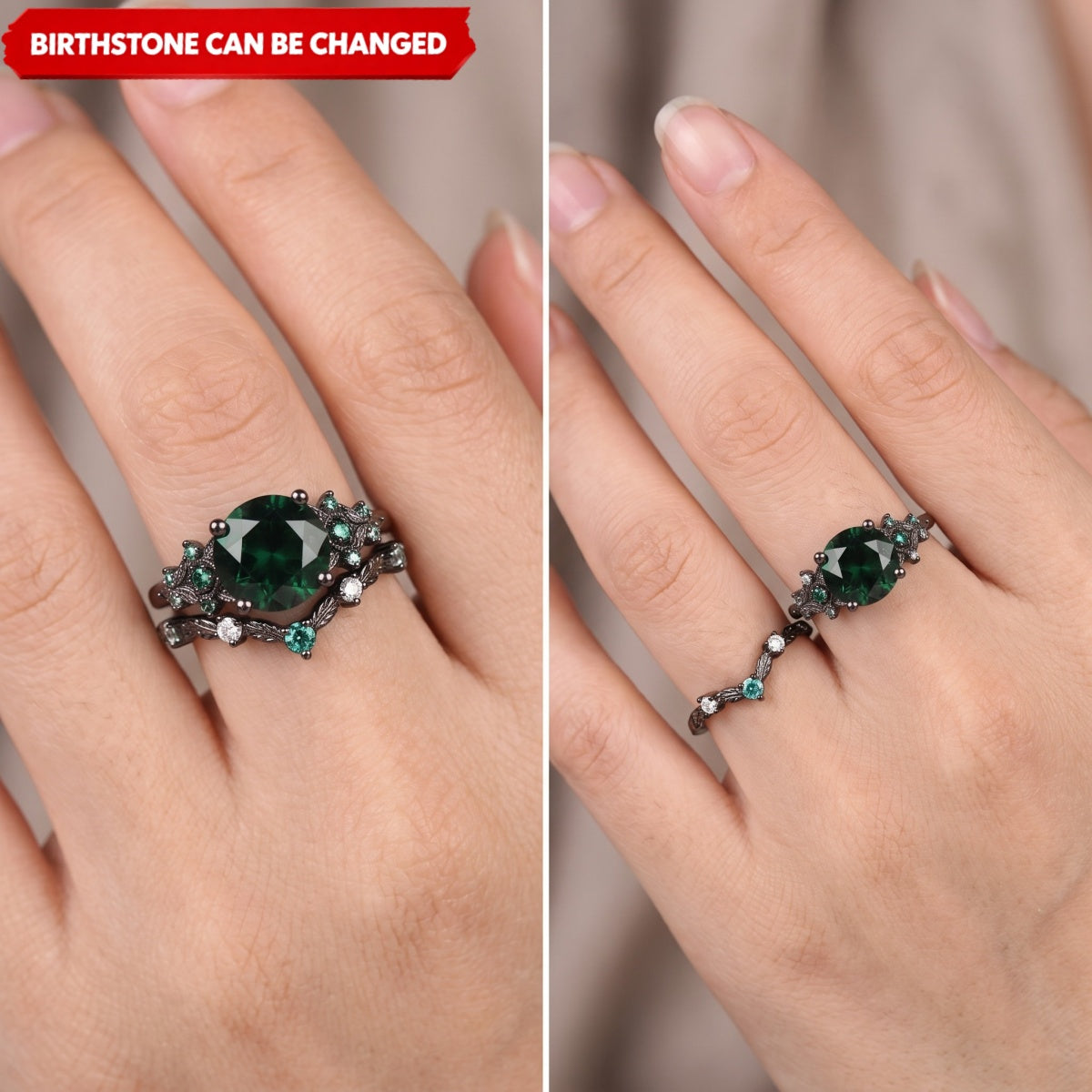 Unique Round Shape Custom Birthstone Stacking Rhodium Black Rings, Gift For Women