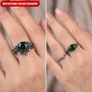 Unique Round Shape Custom Birthstone Stacking Rhodium Black Rings, Gift For Women