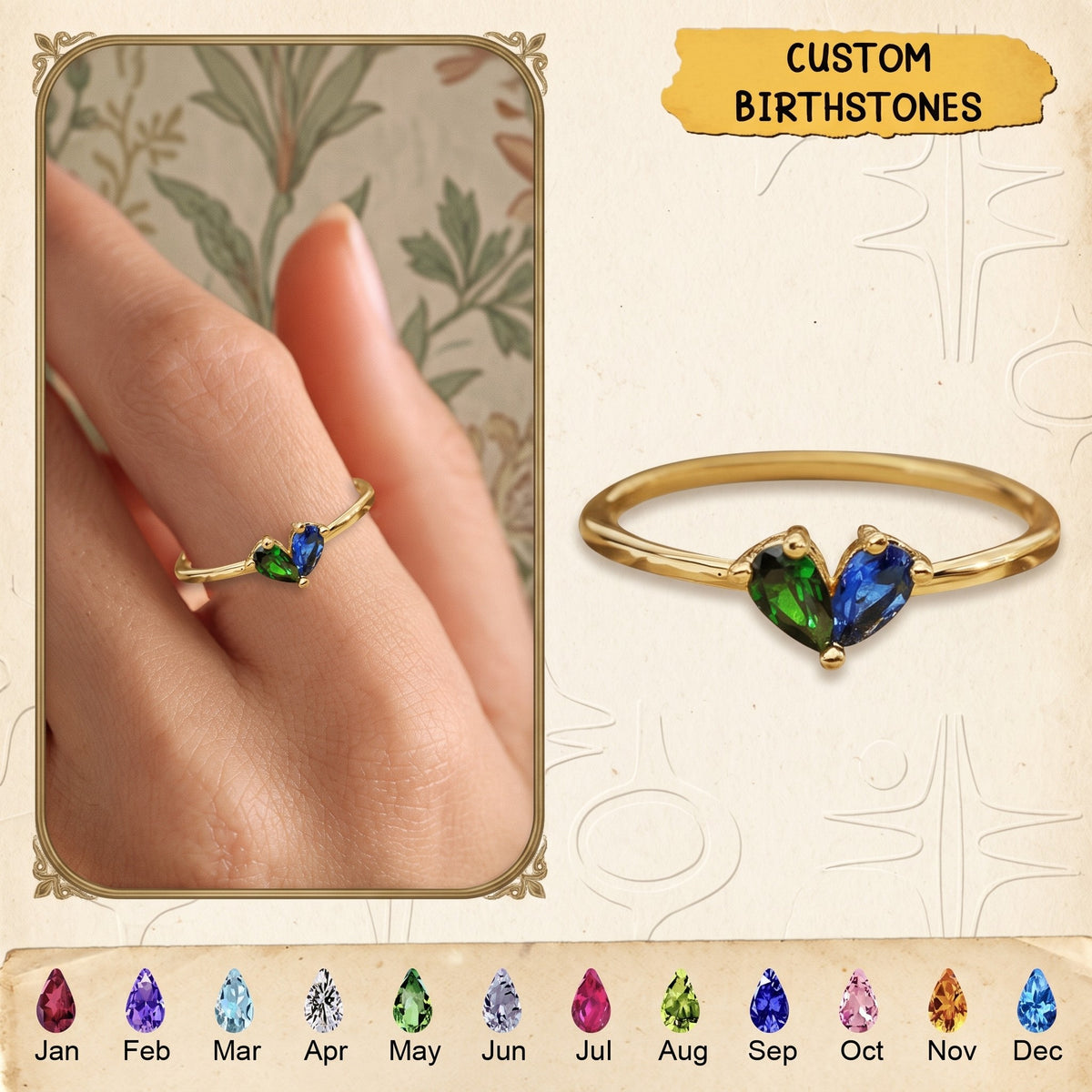 Custom Heart Birthstone Ring, 2 Birthstone Personalized Mama's Valentine Pieced Heart Ring