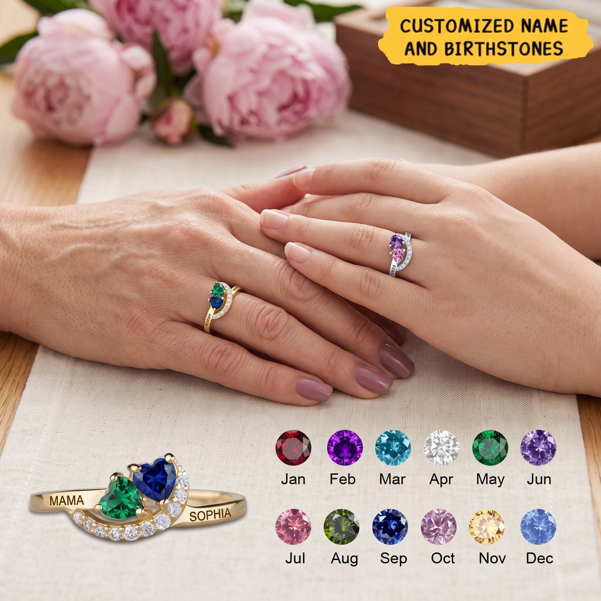 Personalized Promise Heart Cut Birthstone Ring, Two Name Engraved Jewelry Partner Romance Gift for Her