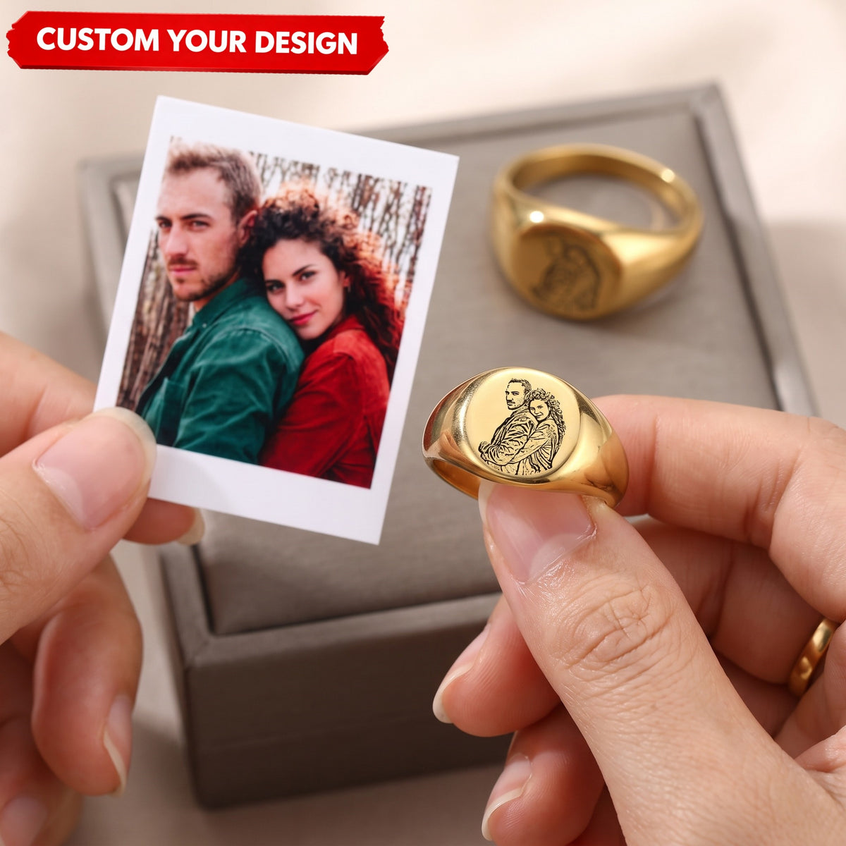 Custom Photo Dainty Engraved Name Personalized Ring - Gift For Her Mom Grandma Couple