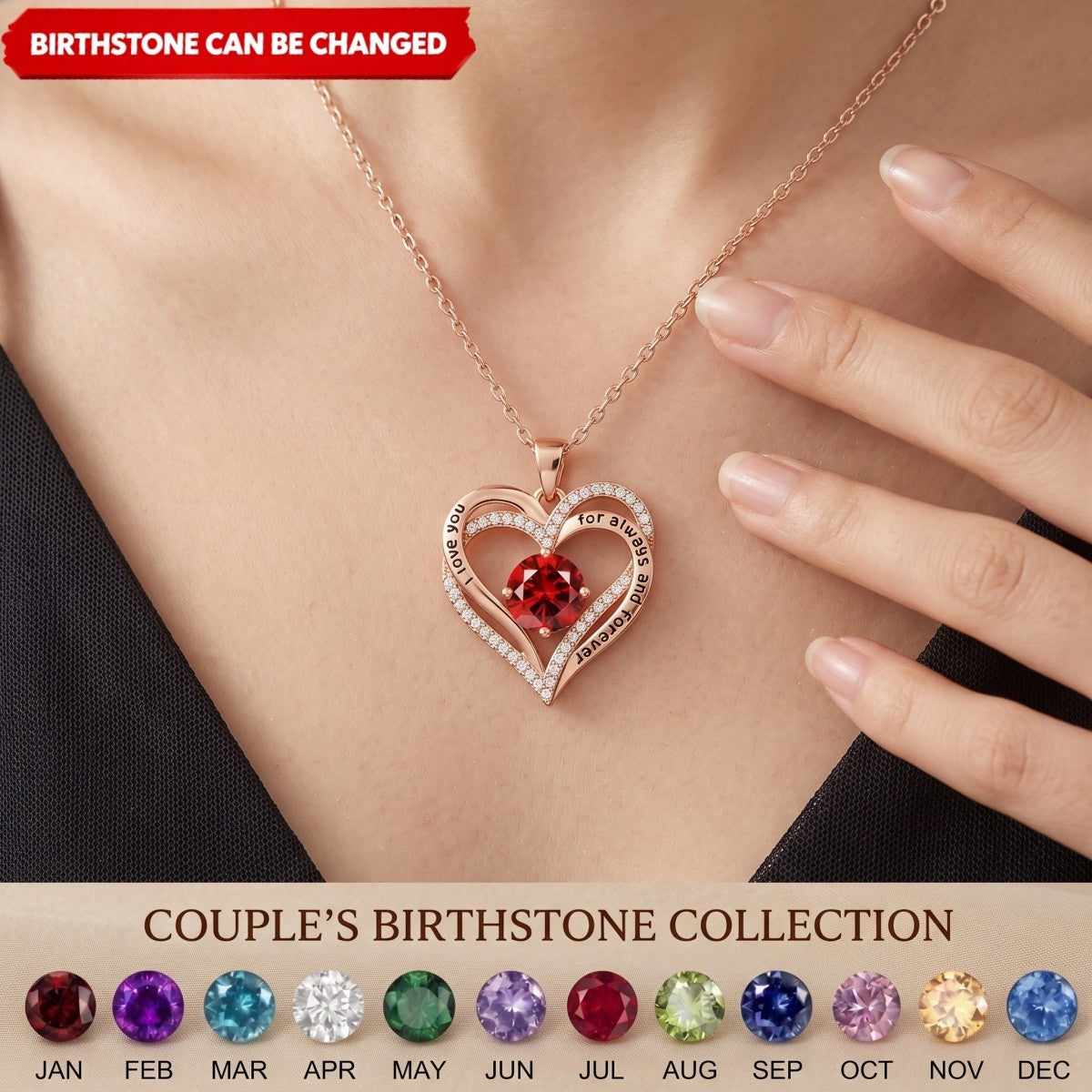Engraved Forever Love Heart Birthstone Necklace Crystal Necklace Jewelry Double Heart Mother Gift
