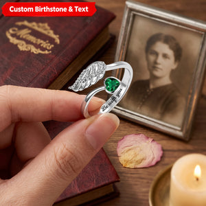 Angel Wing Ring Feather Heart Memorial Personalized Birthstone Engrave Ring Sterling Silver Jewelry Gift for Women
