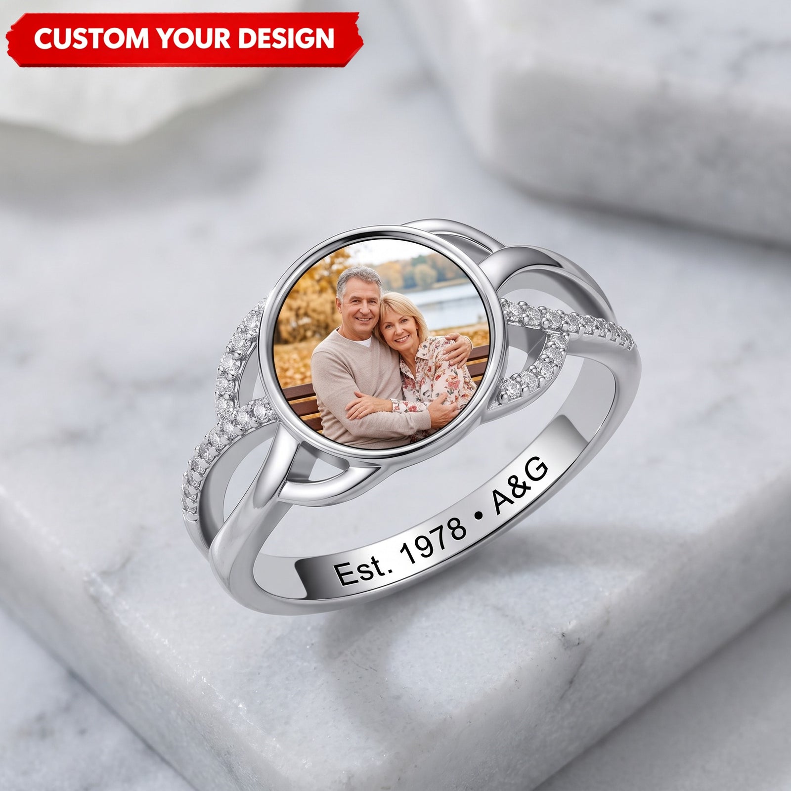 Forever Love - Custom Photo Couple Engraved Text Personalized Ring with Sparkling Diamond Jewelry Gift For Family Mom Wife Girlfriend