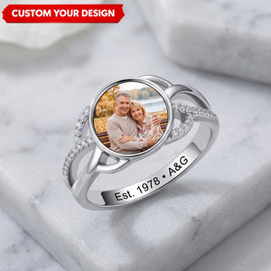 Forever Love - Custom Photo Couple Engraved Text Personalized Ring with Sparkling Diamond Jewelry Gift For Family Mom Wife Girlfriend