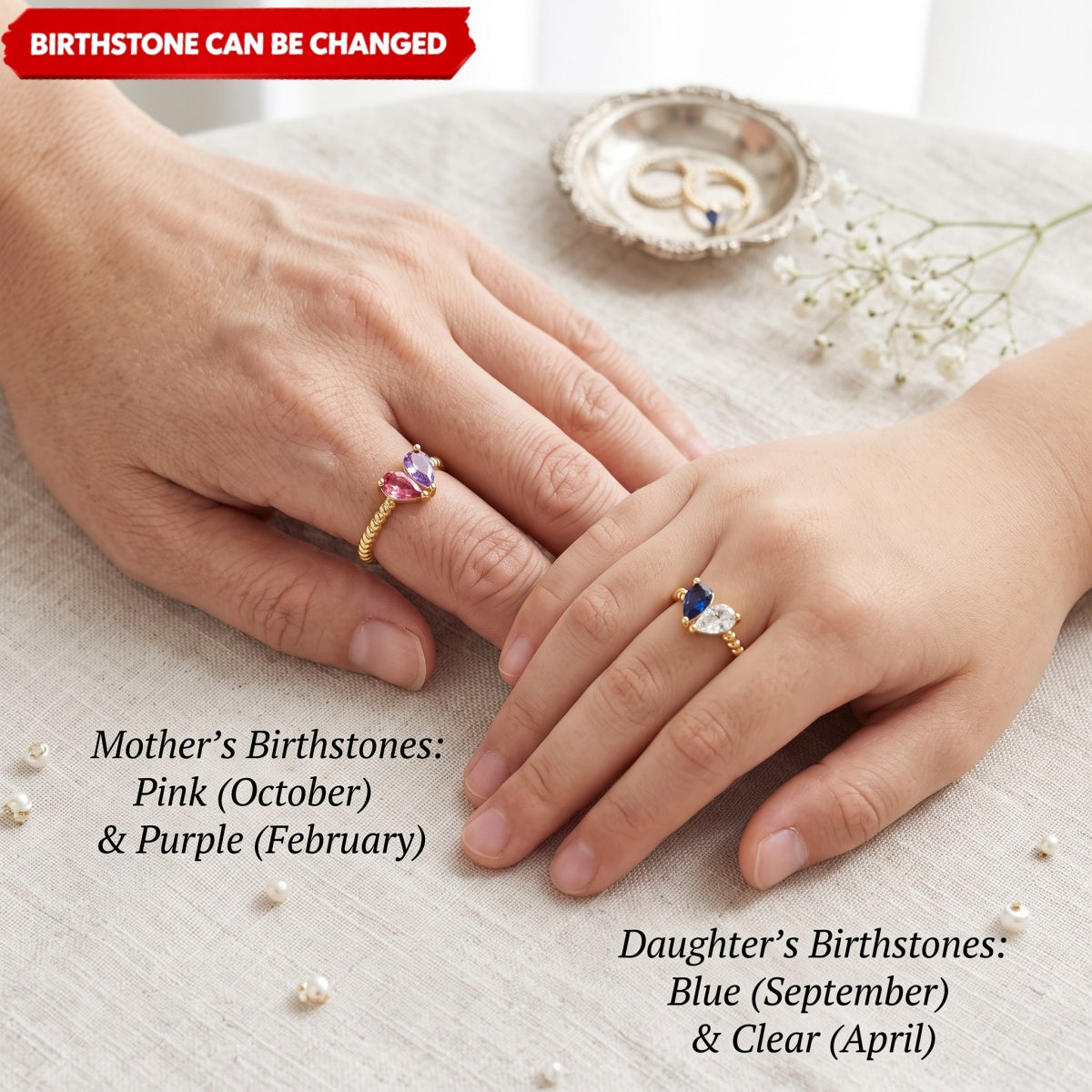 For Love - Partners In Love Heart Personalized Birthstone Ring for Couple Mother & Daughter