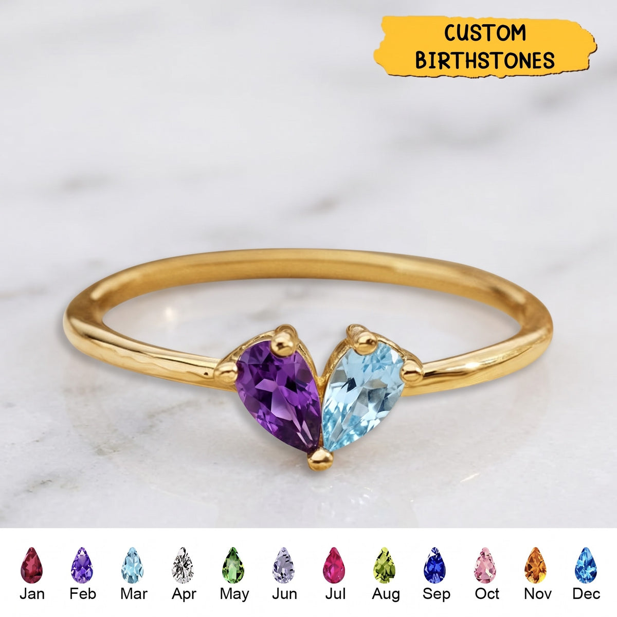 Custom Heart Birthstone Ring, 2 Birthstone Personalized Mama's Valentine Pieced Heart Ring