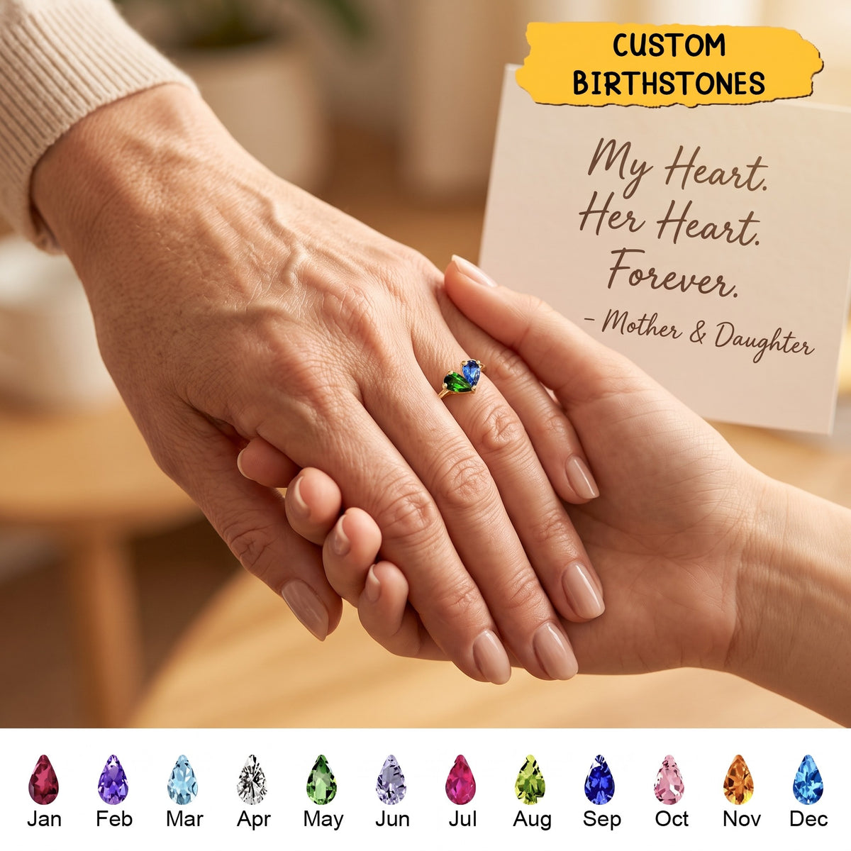 Custom Heart Birthstone Ring, 2 Birthstone Personalized Mama's Valentine Pieced Heart Ring