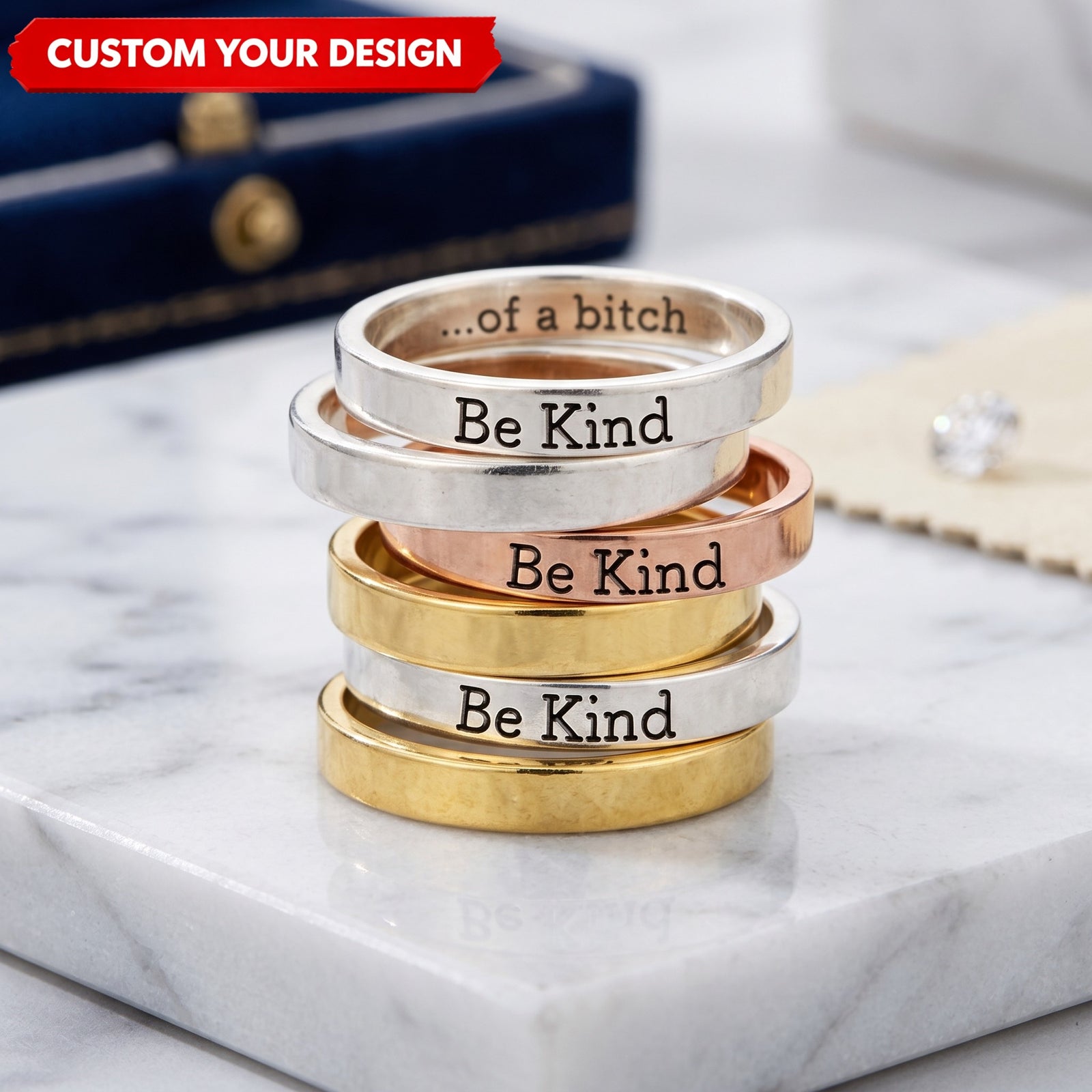 Be Kind...Of A Bi♥ch Mantra Ring Personalized Engraved Name Rings