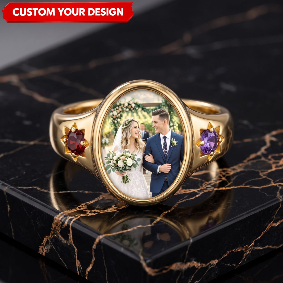 Custom Photo Ring With Birthstones Gift For Her - Personalized Rings