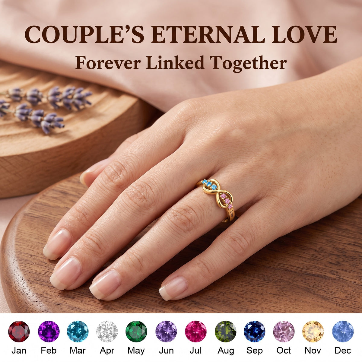 Personalized Infinity Birthstone Engraved Name Ring - Custom Jewelry for Women Couple