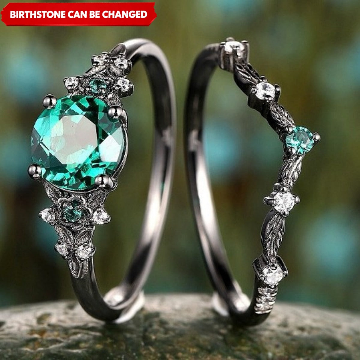 Unique Round Shape Custom Birthstone Stacking Rhodium Black Rings, Gift For Women