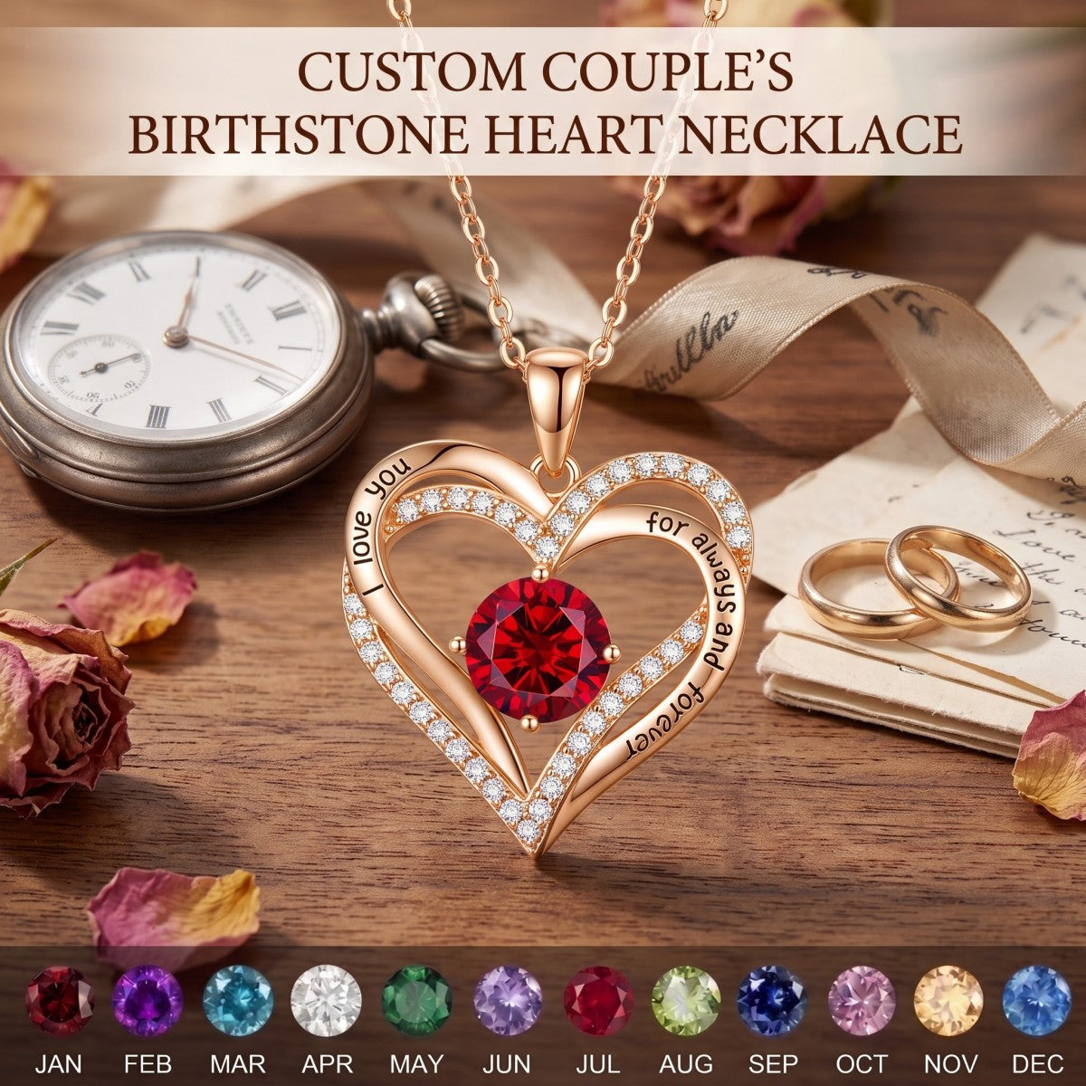 Engraved Forever Love Heart Birthstone Necklace Crystal Necklace Jewelry Double Heart Mother Gift