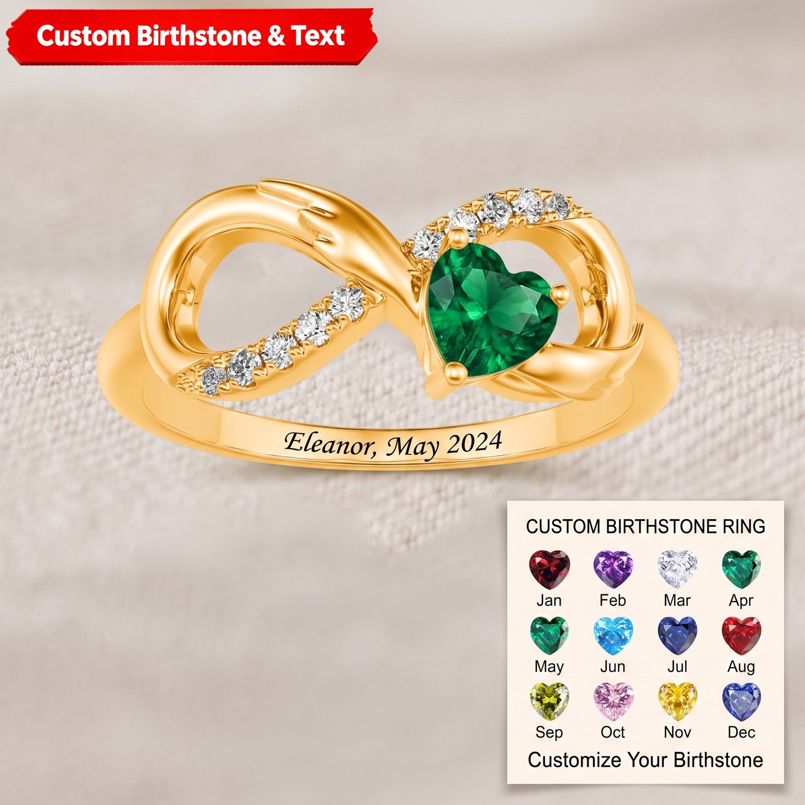 Personalized Angel Wing Heart Birthstone Engraved Infinity Ring Birthday Anniversary Gift for Her