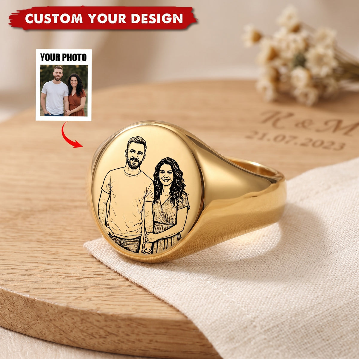 Custom Photo Dainty Engraved Name Personalized Ring - Gift For Her Mom Grandma Couple