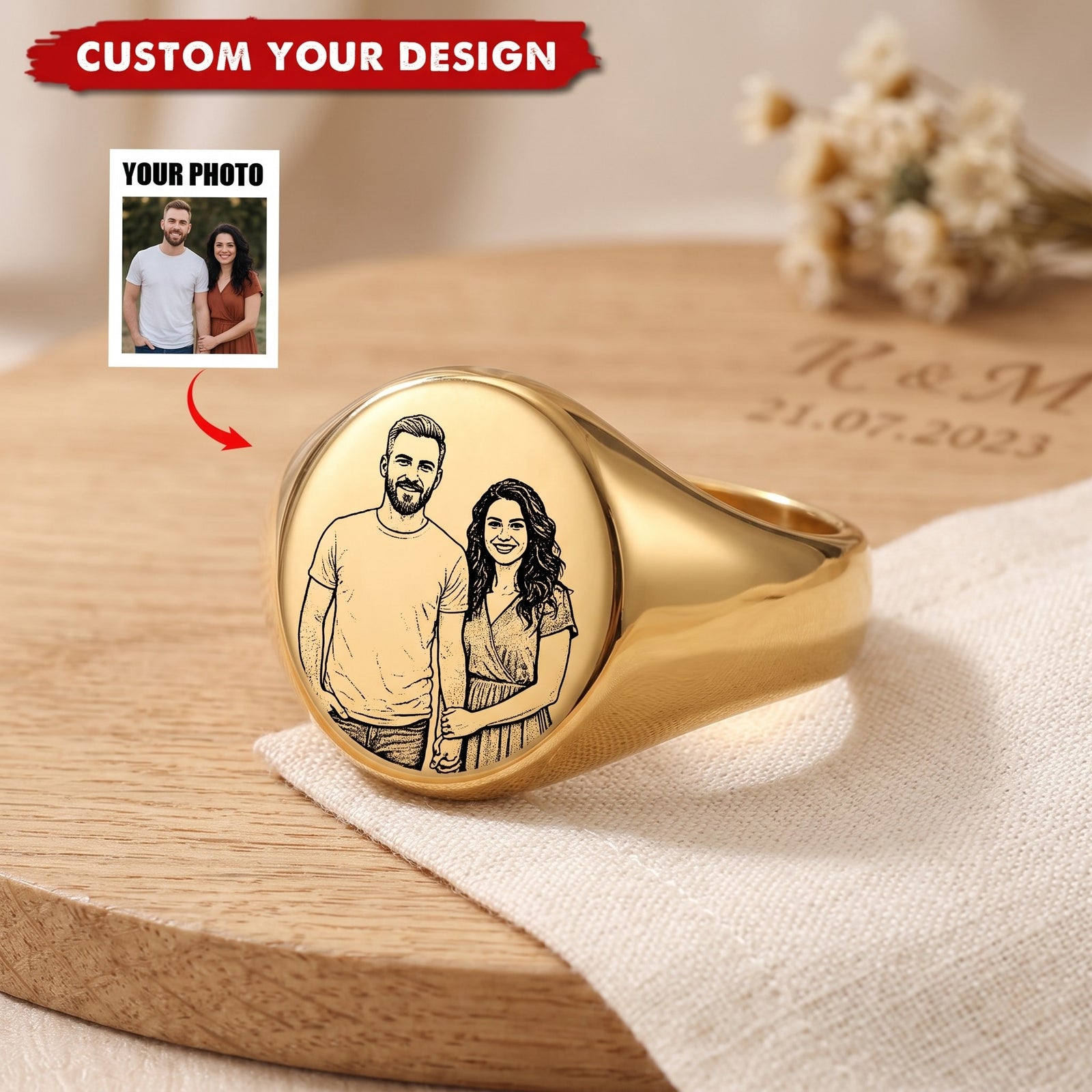 Custom Photo Dainty Engraved Name Personalized Ring - Gift For Her Mom Grandma Couple