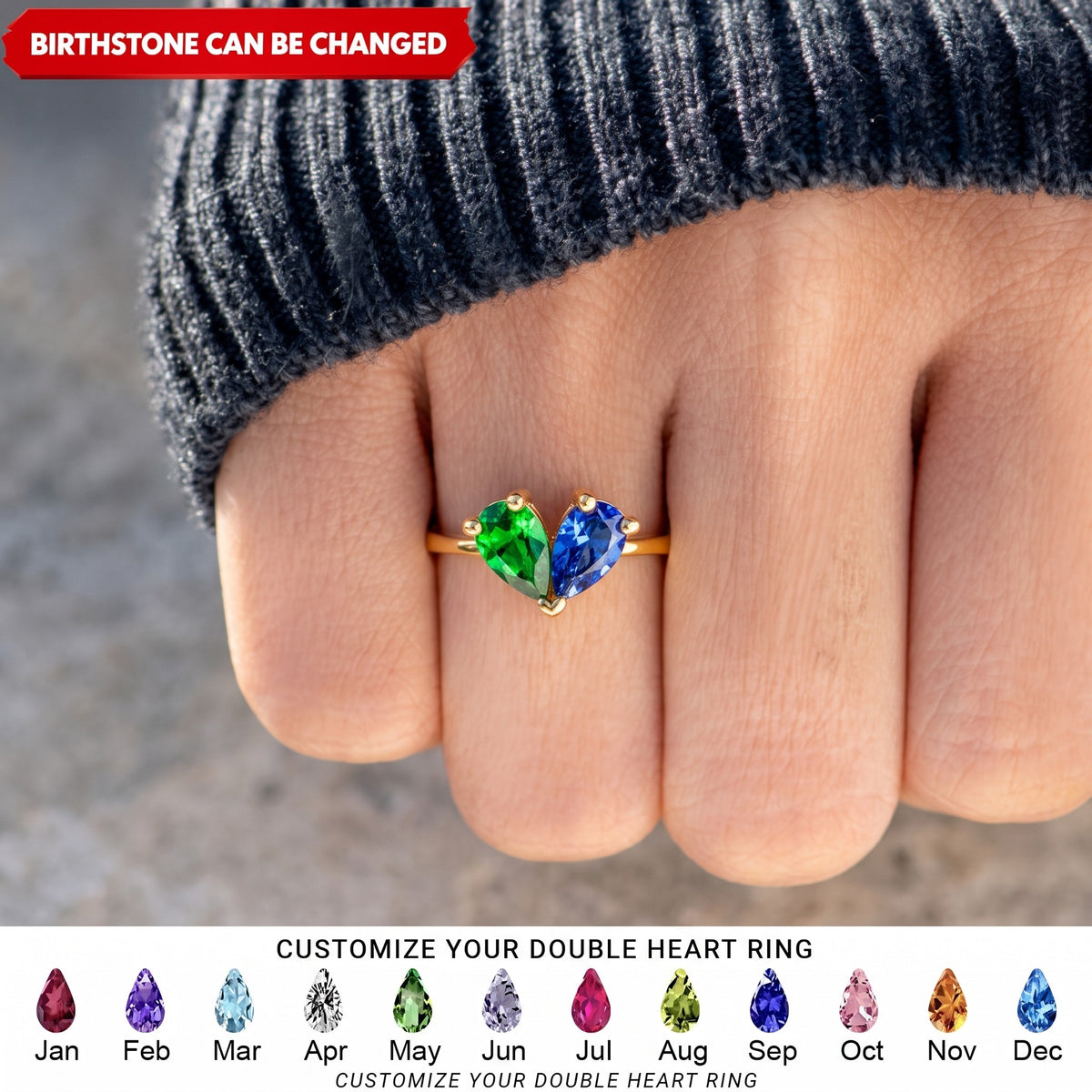 Custom Heart Birthstone Ring, 2 Birthstone Personalized Mama's Valentine Pieced Heart Ring