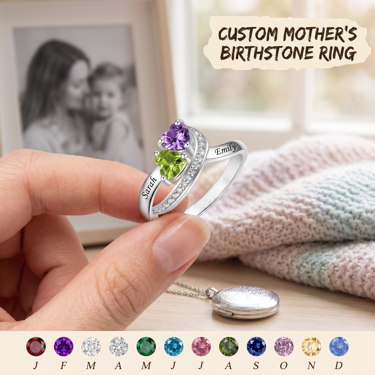 Personalized Promise Heart Cut Birthstone Ring, Two Name Engraved Jewelry Partner Romance Gift for Her