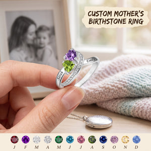 Personalized Promise Heart Cut Birthstone Ring, Two Name Engraved Jewelry Partner Romance Gift for Her