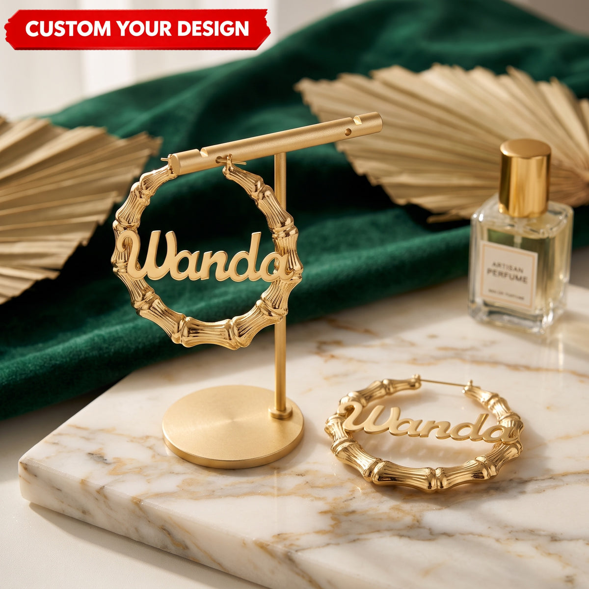 Personalized Name Bamboo Name Hoop Earrings Nameplate Jewelry Gift For Women