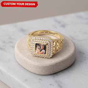 Custom Photo Engraved Name Personalized Square Shaped Ring with Sparkling Diamond Memorial Jewelry Gift For Family Mom Wife Girlfriend