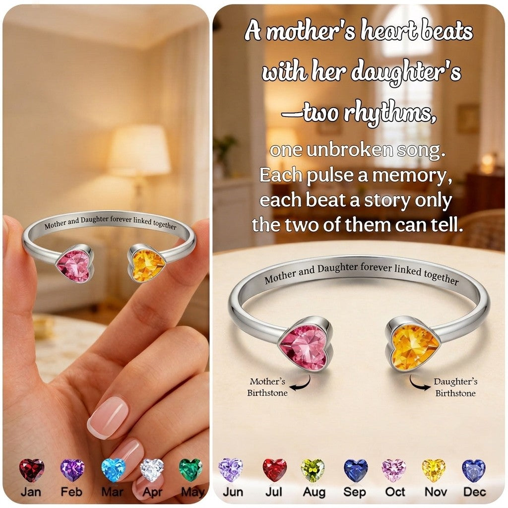 Mother & Daughter Double Heart Custom Birthstones Bracelet Sister Engraved Bracelets For Women