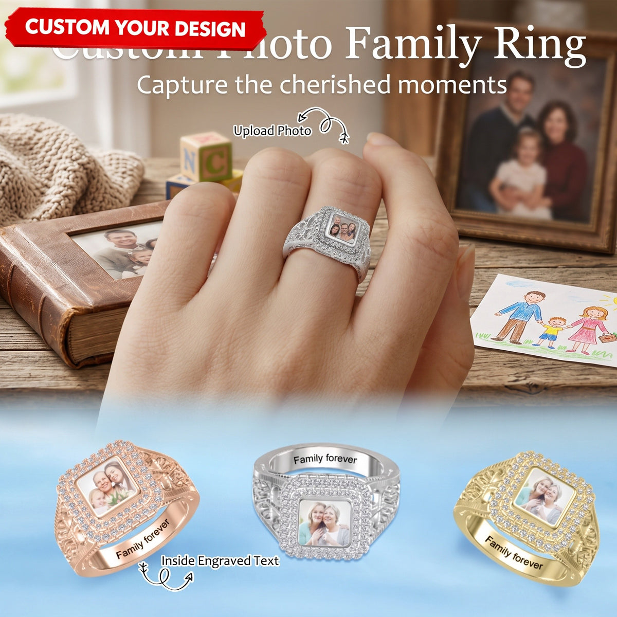 Custom Photo Engraved Name Personalized Square Shaped Ring with Sparkling Diamond Memorial Jewelry Gift For Family Mom Wife Girlfriend
