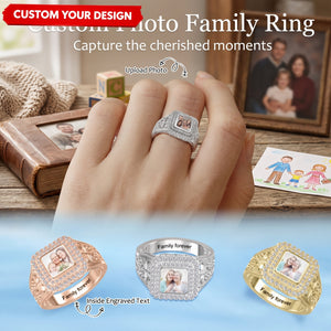 Custom Photo Engraved Name Personalized Square Shaped Ring with Sparkling Diamond Memorial Jewelry Gift For Family Mom Wife Girlfriend