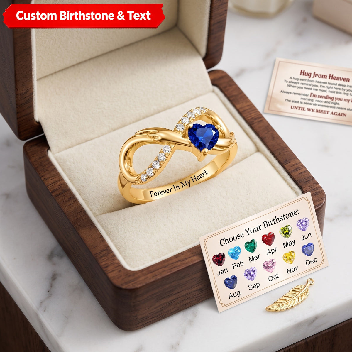 Personalized Angel Wing Heart Birthstone Engraved Infinity Ring Birthday Anniversary Gift for Her