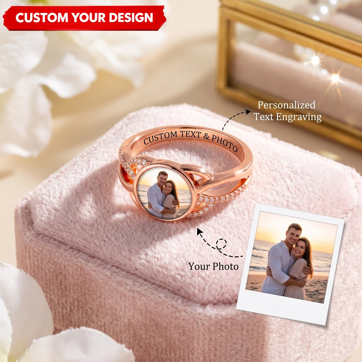 Forever Love - Custom Photo Couple Engraved Text Personalized Ring with Sparkling Diamond Jewelry Gift For Family Mom Wife Girlfriend