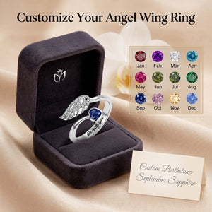 Angel Wing Ring Feather Heart Memorial Personalized Birthstone Engrave Ring Sterling Silver Jewelry Gift for Women