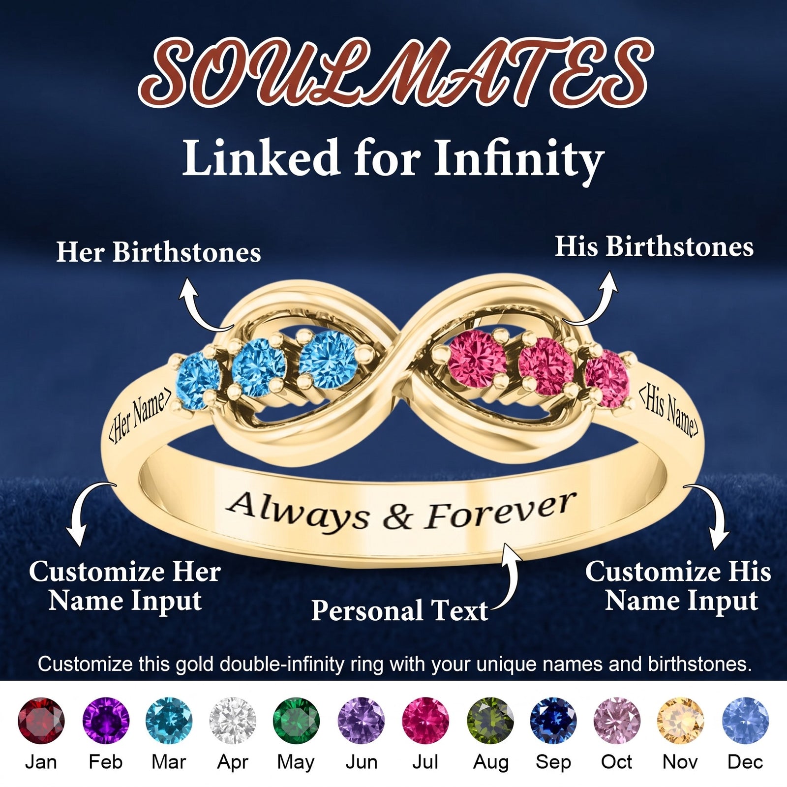 Personalized Infinity Birthstone Engraved Name Ring - Custom Jewelry for Women Couple