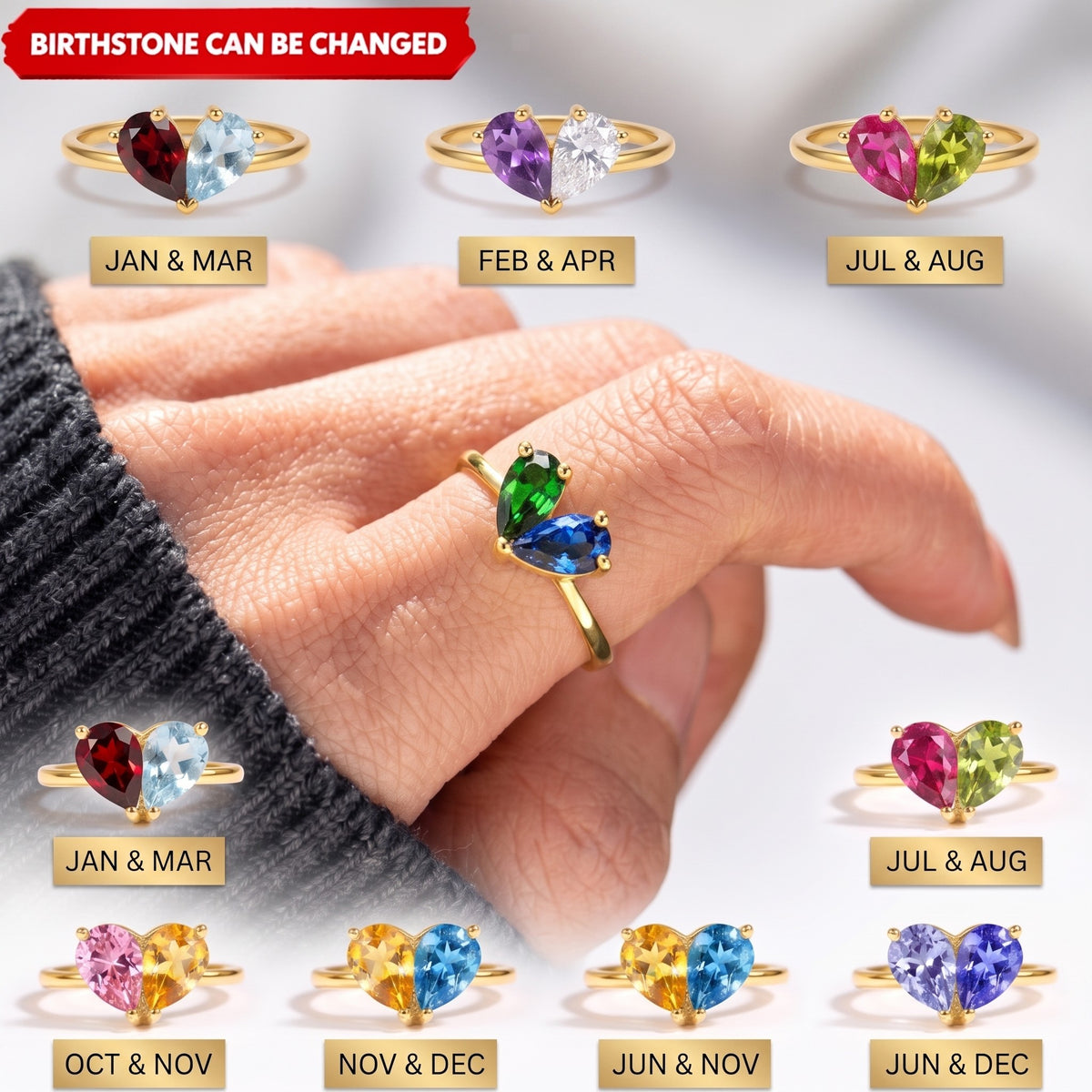Custom Heart Birthstone Ring, 2 Birthstone Personalized Mama's Valentine Pieced Heart Ring