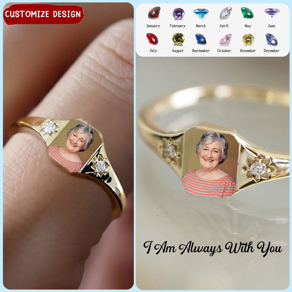 Personalized Upload Photo & Birthstone Ring